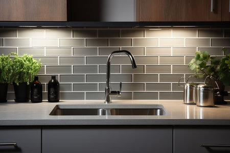Interior of modern kitchen with white walls, concrete floor, wooden countertops and cupboardsの素材