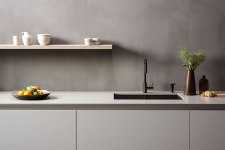 Interior of modern kitchen with white walls, concrete floor, wooden countertops and cupboardsの素材