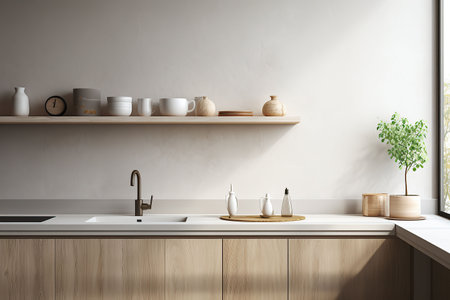 Interior of modern kitchen with white walls, concrete floor, wooden countertops and cupboardsの素材