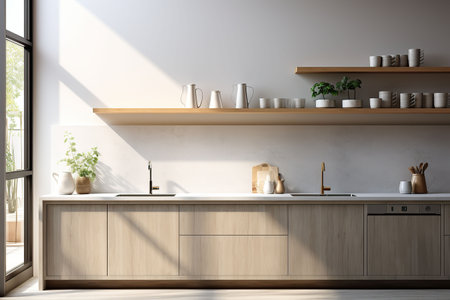 Interior of modern kitchen with white walls, concrete floor, wooden countertops and cupboardsの素材