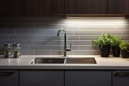 Interior of modern kitchen with white walls, concrete floor, wooden countertops and cupboardsの素材