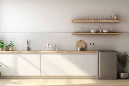 Interior of modern kitchen with white walls, concrete floor, wooden countertops and cupboardsの素材