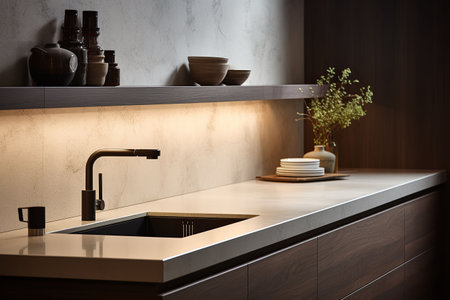 Interior of modern kitchen with white walls, concrete floor, wooden countertops and cupboardsの素材