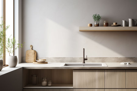 Interior of modern kitchen with white walls, concrete floor, wooden countertops and cupboardsの素材