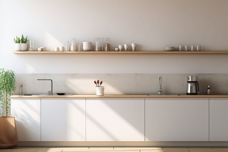 Interior of modern kitchen with white walls, concrete floor, wooden countertops and cupboardsの素材