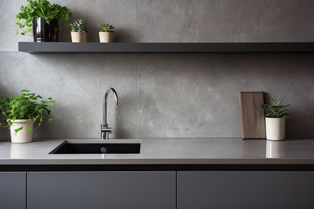 Interior of modern kitchen with white walls, concrete floor, wooden countertops and cupboardsの素材