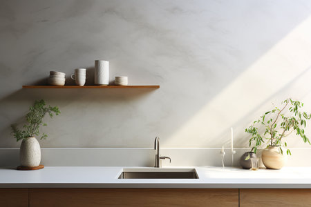 Interior of modern kitchen with white walls, concrete floor, wooden countertops and cupboardsの素材