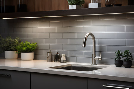 Interior of modern kitchen with white walls, concrete floor, wooden countertops and cupboardsの素材