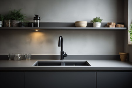 Interior of modern kitchen with white walls, concrete floor, wooden countertops and cupboardsの素材