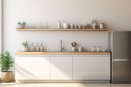 Interior of modern kitchen with white walls, concrete floor, wooden countertops and cupboardsの素材