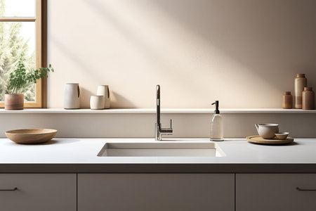 Interior of modern kitchen with white walls, concrete floor, wooden countertops and cupboardsの素材