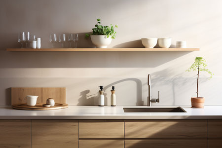 Interior of modern kitchen with white walls, concrete floor, wooden countertops and cupboardsの素材