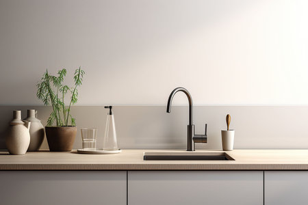 Interior of modern kitchen with white walls, concrete floor, wooden countertops and cupboardsの素材