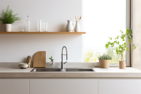 Interior of modern kitchen with white walls, concrete floor, wooden countertops and cupboardsの素材