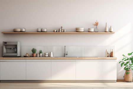 Interior of modern kitchen with white walls, concrete floor, wooden countertops and cupboardsの素材
