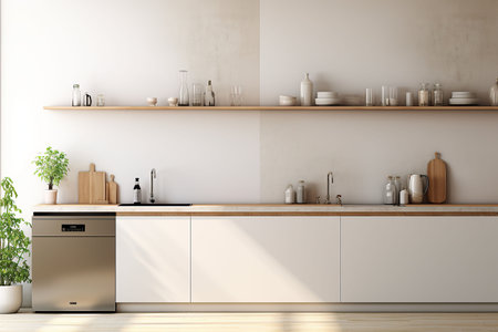 Interior of modern kitchen with white walls, concrete floor, wooden countertops and cupboardsの素材