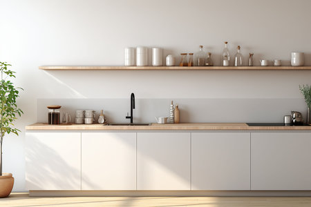 Interior of modern kitchen with white walls, concrete floor, wooden countertops and cupboardsの素材
