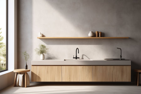 Interior of modern kitchen with white walls, concrete floor, wooden countertops and cupboardsの素材