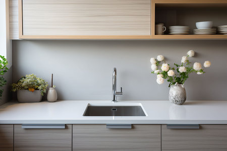 Interior of modern kitchen with white walls, concrete floor, wooden countertops and cupboardsの素材