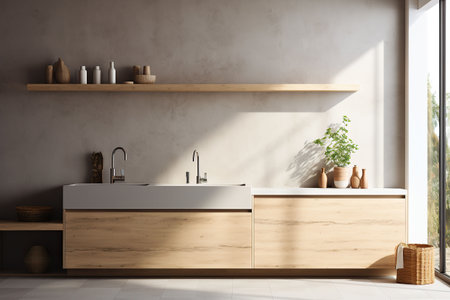 Interior of modern kitchen with white walls, concrete floor, wooden countertops and cupboardsの素材