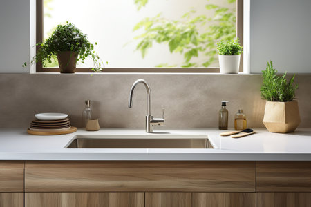 Interior of modern kitchen with white walls, concrete floor, wooden countertops and cupboardsの素材