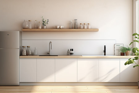 Interior of modern kitchen with white walls, concrete floor, wooden countertops and cupboardsの素材