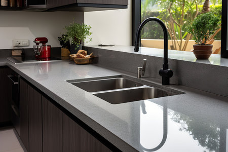Interior of modern kitchen with white walls, concrete floor, wooden countertops and cupboardsの素材