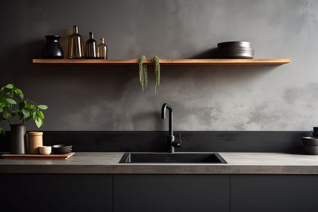 Interior of modern kitchen with white walls, concrete floor, wooden countertops and cupboardsの素材
