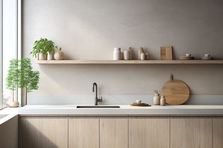 Interior of modern kitchen with white walls, concrete floor, wooden countertops and cupboardsの素材