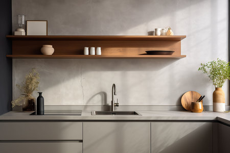 Interior of modern kitchen with white walls, concrete floor, wooden countertops and cupboardsの素材