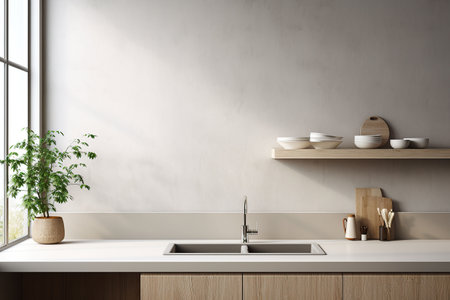 Interior of modern kitchen with white walls, concrete floor, wooden countertops and cupboardsの素材