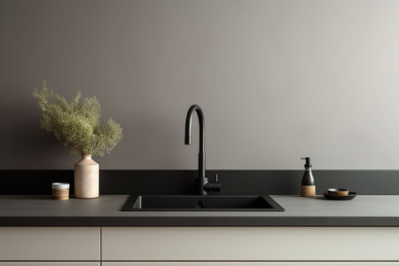 Interior of modern kitchen with white walls, concrete floor, wooden countertops and cupboardsの素材