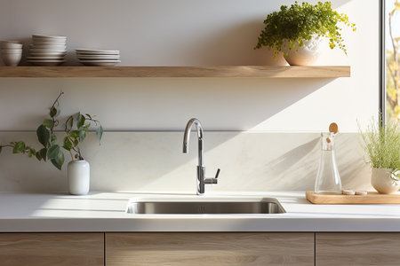 Interior of modern kitchen with white walls, concrete floor, wooden countertops and cupboardsの素材