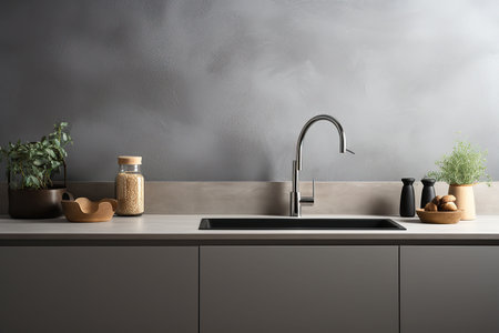 Interior of modern kitchen with white walls, concrete floor, wooden countertops and cupboardsの素材