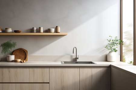 Interior of modern kitchen with white walls, concrete floor, wooden countertops and cupboardsの素材