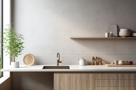 Interior of modern kitchen with white walls, concrete floor, wooden countertops and cupboardsの素材