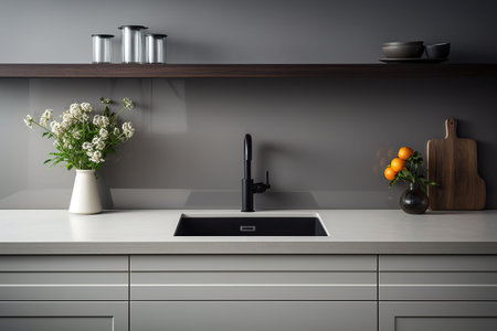 Interior of modern kitchen with white walls, concrete floor, wooden countertops and cupboardsの素材