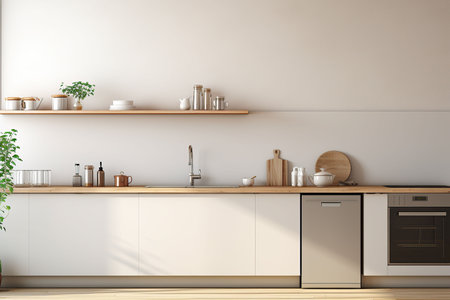 Interior of modern kitchen with white walls, concrete floor, wooden countertops and cupboardsの素材