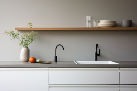 Interior of modern kitchen with white walls, concrete floor, wooden countertops and cupboardsの素材