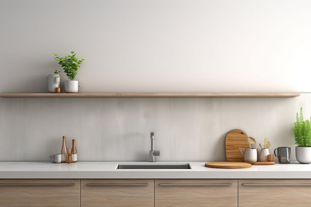 Interior of modern kitchen with white walls, concrete floor, wooden countertops and cupboardsの素材