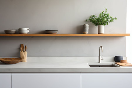 Interior of modern kitchen with white walls, concrete floor, wooden countertops and cupboardsの素材