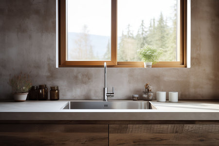 Interior of modern kitchen with white walls, concrete floor, wooden countertops and cupboardsの素材