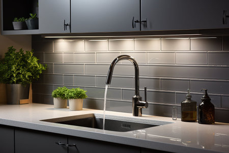 Interior of modern kitchen with white walls, concrete floor, wooden countertops and cupboardsの素材