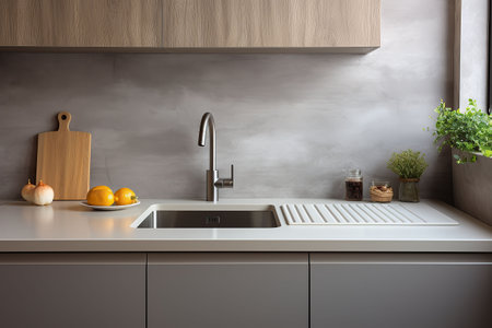 Interior of modern kitchen with white walls, concrete floor, wooden countertops and cupboardsの素材
