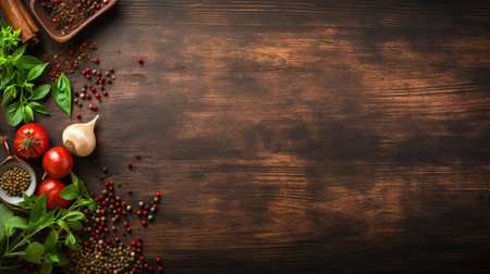Spices and herbs on wooden background. Top view with copy spaceの素材