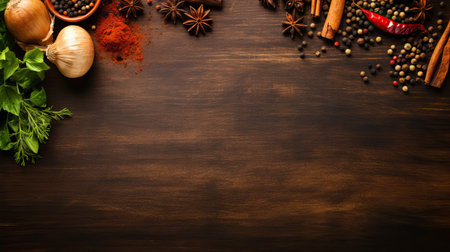 Spices and herbs on wooden background. Top view with copy spaceの素材