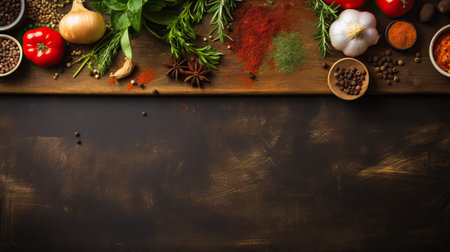 Herbs and spices on wooden background. Top view with copy spaceの素材