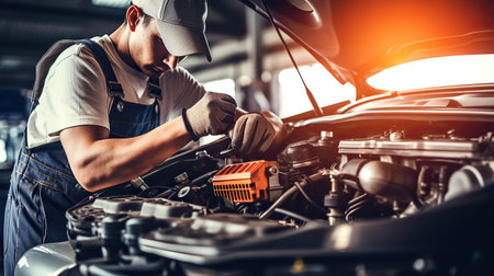 Auto mechanic working in auto repair service. Car mechanic at work.の素材