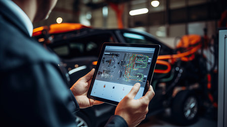 Engineer working with tablet computer in auto repair shop. Car service and maintenance conceptの素材