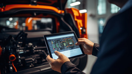 Engineer working with tablet computer in auto repair shop. Car service and maintenance conceptの素材